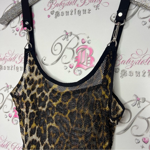 Cheetah print fishnet dress with silver metal clasp straps stretchy one size - Picture 2 of 10